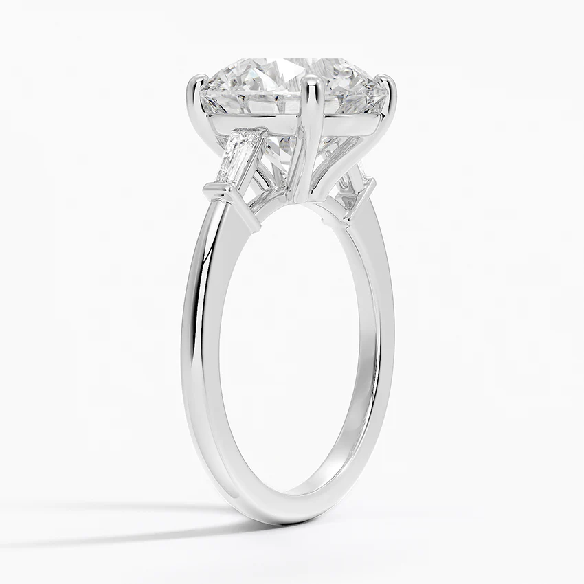 Round Lab Diamond - Baguette Trilogy - Solitaire Engagement Ring in 18k White Gold