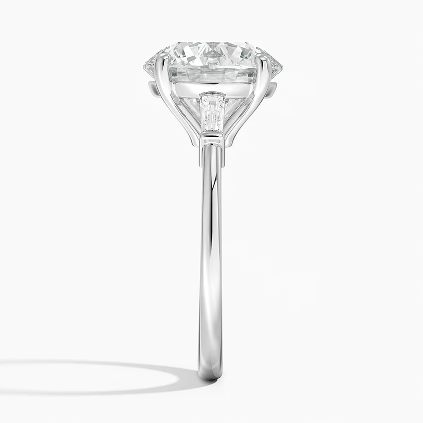 Round Lab Diamond - Baguette Trilogy - Solitaire Engagement Ring in 18k White Gold
