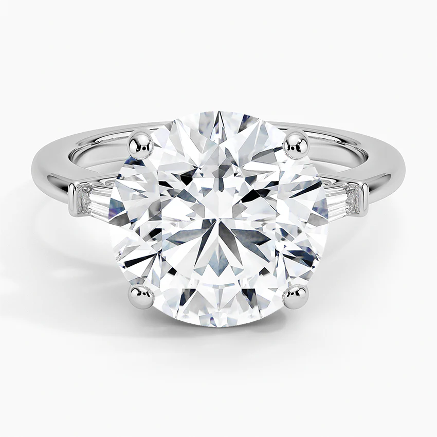 Round Lab Diamond - Baguette Trilogy - Solitaire Engagement Ring in 18k White Gold